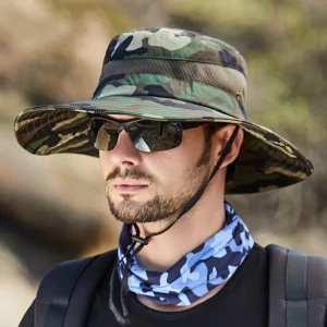 Chapéu de Pesca Camuflado com Aba Larga e Protecção Solar