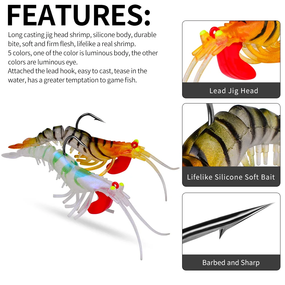 Amostra de Camarão Softbait Silicone com Jig Head 6-19g 50-90mm - Image 4